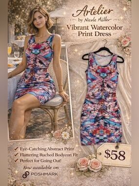 Artelier Abstract Bodycon Dress Small | Colorful Ruched Statement Dress